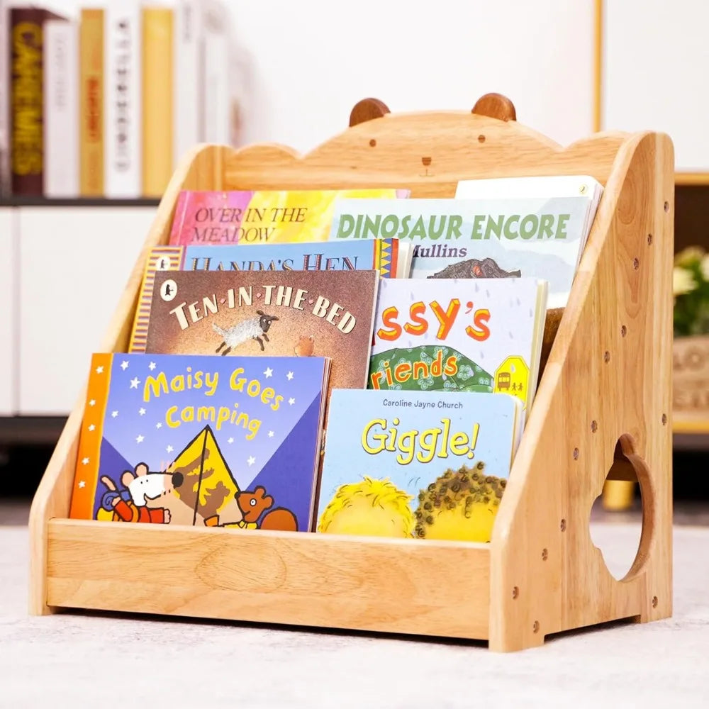 Montessori Bookshelf for Kids, Natural Wood Bookcase with Chalkboard